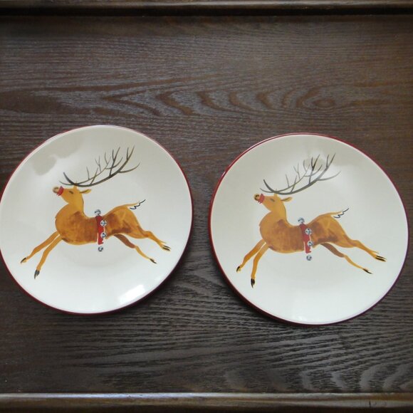 2 Longaberger Reindeer Appetizer Salad Bread Plates Christmas Holiday Plate 7.5" - Picture 1 of 6